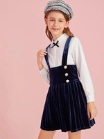 Girls Buttoned Front Pleated Velvet Pinafore Dress