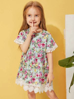 Toddler Girls Floral Print Contrast Lace Babydoll Dress