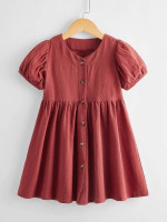 Toddler Girls Button Front Puff Sleeve Smock Dress