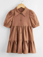 Toddler Girls Puff Sleeve Button Front Babydoll Dress