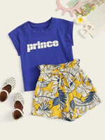 Toddler Girls Letter Print Tee With Tropical Print Shorts