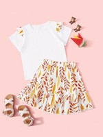 Toddler Girls Tee With Leaf Print Ruffle Hem Skirt