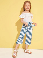 Toddler Girls Solid Ruffle Trim Off Shoulder Top & Striped Belted Paperbag Pants