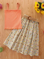 Toddler Girls Cami Top & Belted Ditsy Floral Skirt