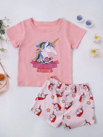 Toddler Girls Letter & Cartoon Graphic Tee & Shorts