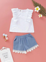 Toddler Girls Ruffle Trim Solid Top With Lace Panel Shorts