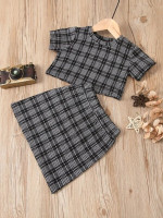 Toddler Girls Plaid And Houndstooth Tee & Skirt