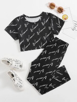 Toddler Girls Allover Letter Graphic Crop Tee With Leggings