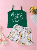 Toddler Girls Letter Graphic Cami Top & Floral Ruffle Hem Shorts