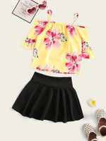 Toddler Girls Cold Shoulder Floral Print Top With Skirt