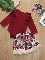 Toddler Girls Frill Trim Jumpsuit & Floral Print Skirt & Headband