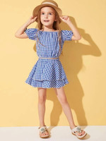Toddler Girls Tie Side Gingham Blouse With Skirt