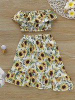 Toddler Girls Ruffle Trim Sunflower Print Top With Skirt