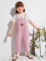 Toddler Girls Buttoned Strap Floral Embroidery Striped Pinafore Jumpsuit