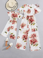 Toddler Girls 1pc Floral Flutter Sleeve Culotte Jumpsuit