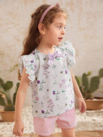 Toddler Girls Bow Front Ruffle Trim Floral Top