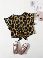 Toddler Girls Leopard Print Ruffle Sleeve Knot Hem Blouse
