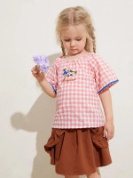 Toddler Girls Contrast Wave Tape Bird Embroidered Gingham Top