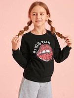 Girls Slogan And Lip Print Pullover