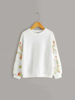 Girls Flower Embroidered Sleeve Pullover