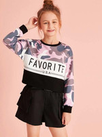 Girls Letter Graphic Cut-And-Sew Camo Panel Pullover