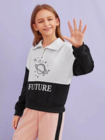Girls Letter Print Color-Block Zipped Pullover