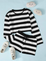 Girls Two Tone Striped Sweater & Shorts Set