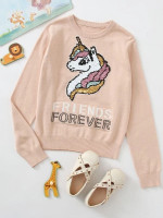 Girls Unicorn Sequin Patched Letter Pattern Sweater