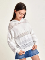 Girls Drop Shoulder Pointelle Knit Hooded Sweater