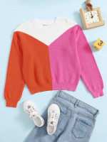 Girls Round Neck Colorblock Sweater