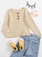 Girls Button Half Placket Ribbed Knit Sweater