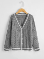 Girls Cable Knit Contrast Trim Button Up Cardigan