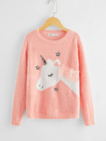 Girls Contrast Sequin Unicorn Fuzzy Sweater