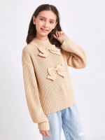 Girls Bow Detail Drop Shoulder Lantern Sleeve Sweater