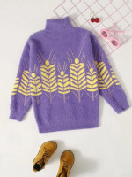 Girls Tree Pattern Rib & Fluffy Knit Sweater