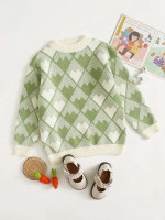 Girls Argyle Pattern Rib & Fluffy Knit Sweater