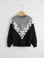 Girls Leopard Panel Colorblock Chevron Sweater