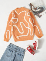 Girls Graphic Rib & Fluffy Knit Mock Neck Sweater