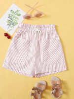 Girls Striped Paperbag Waist Knot Front Shorts