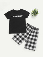 Toddler Boys Letter Graphic Tee With Buffalo Check Shorts