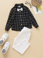 Toddler Boys Grid Plaid Bow Shirt With Pants