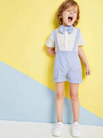 Toddler Boys Contrast Stripe Collar Bow Neck Shirt & Striped Pinafore Shorts
