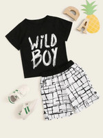 Toddler Boys Letter Print Tee With Plaid Print Shorts
