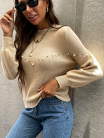 Women Mock Neck Pearls Beaded Sweater