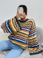 Women Block Striped & Chevron Pattern Drop Shoulder Sweater