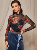 Women Floral Print High Neck Mesh Top Without Camisole