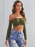 Women Ruched Drawstring Off-the-Shoulder Crop Top