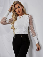 Women Contrast Dobby Mesh Guipure Lace Trim Ribbed Knit Top