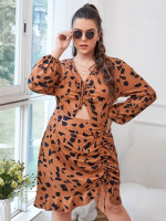 Women Plus Size Dalmatian Print Drawstring Ruched Front Peekaboo Dress