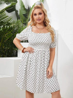 Women Plus Size Polka Dot Shirred Milkmaid Dress